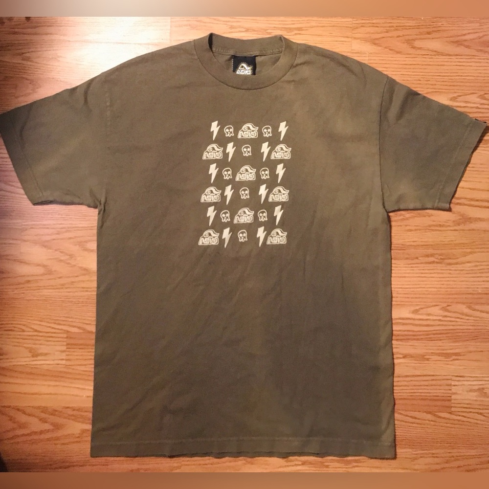 Vintage Y2K ADIO Skateboards Bam Margera Skull Logo T-Shirt L Olive Green Tee